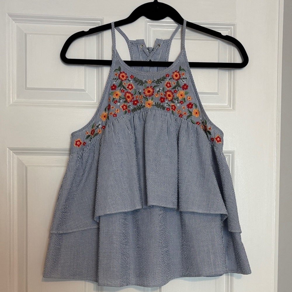 Miss Me Embroidered Halter Ruffle Tank Top